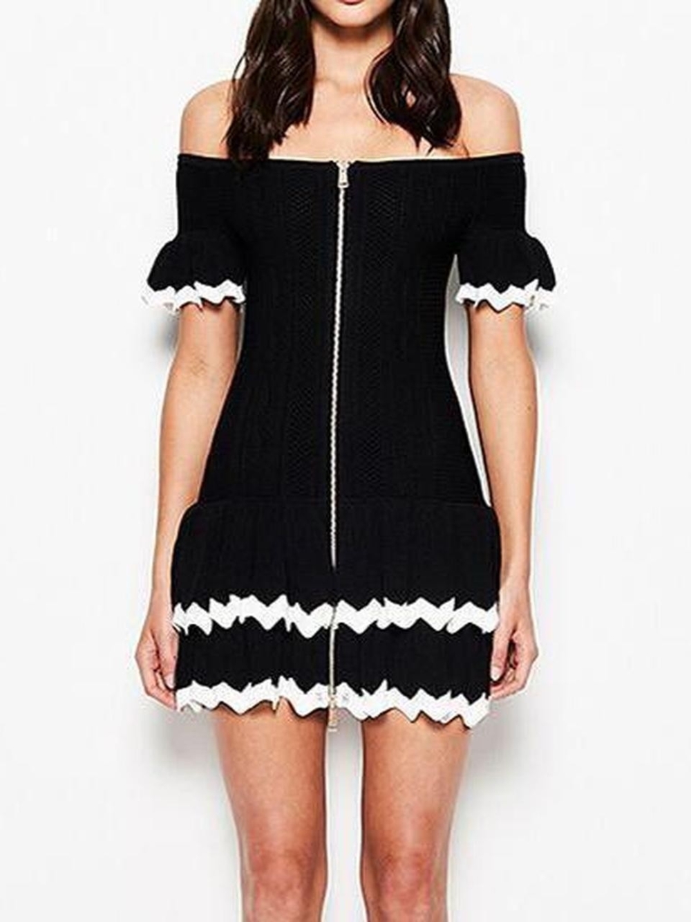Alice Mccall I Am Yours Black White Knit Off Shoulder Zip Dress US 4
